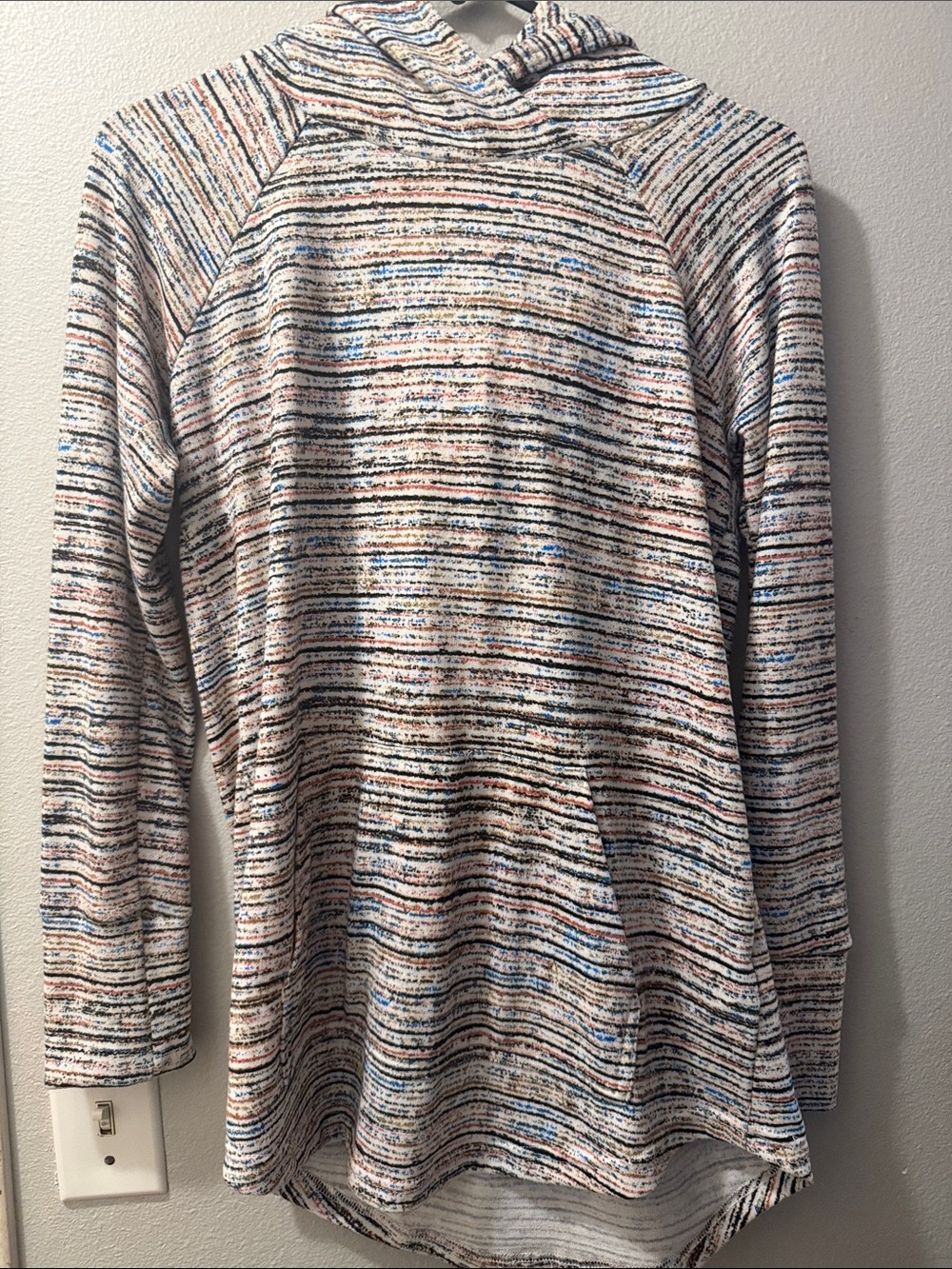 LuLaRoe Multistripe Cowl Neck Sweater in Cream, Blue, Black & Tan